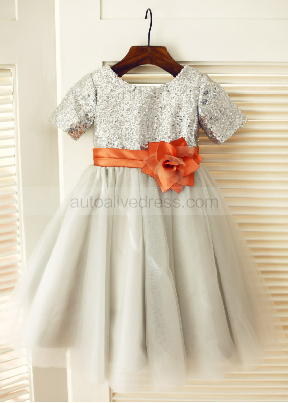 Short Sleeves Silver Sequin Gray Tulle Knee Length Flower Girl Dress 